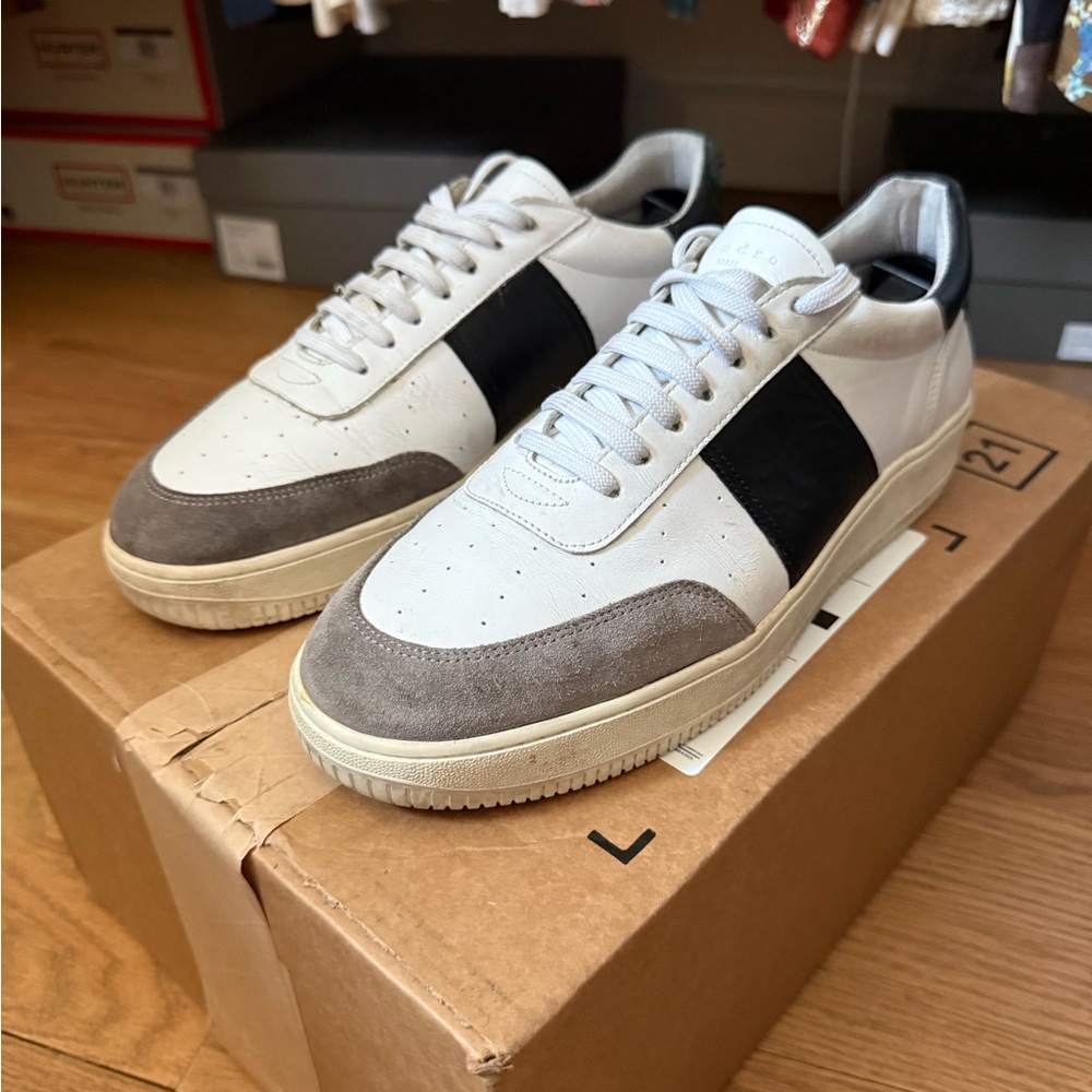 Sandro Men’s Magic Sneaker in White/Black/Gray Leather Size 43